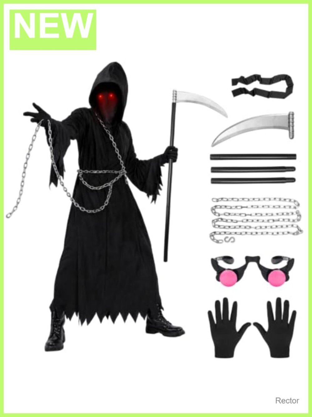 Kids Grim Reaper Halloween Costume Polyester Robe Scythe Glowing Eyes